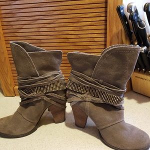Naughty Monkey boots swede Latte/Brown with crystal gold ankle ties size 6.